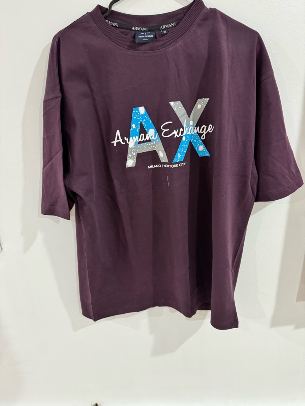 Armani Exchange Short-Sleeve Graphic Tee in Plum with Blue & Gray Logo